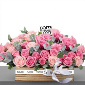 WOOD BOX PINK ROSES - LARGE