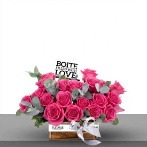 WOOD BOX pink roses - small