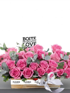 WOOD BOX pink roses - MEDIUM