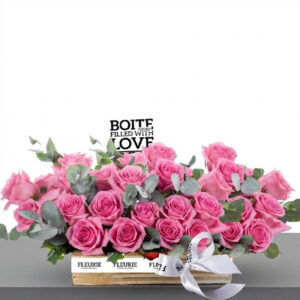 WOOD BOX pink roses - MEDIUM